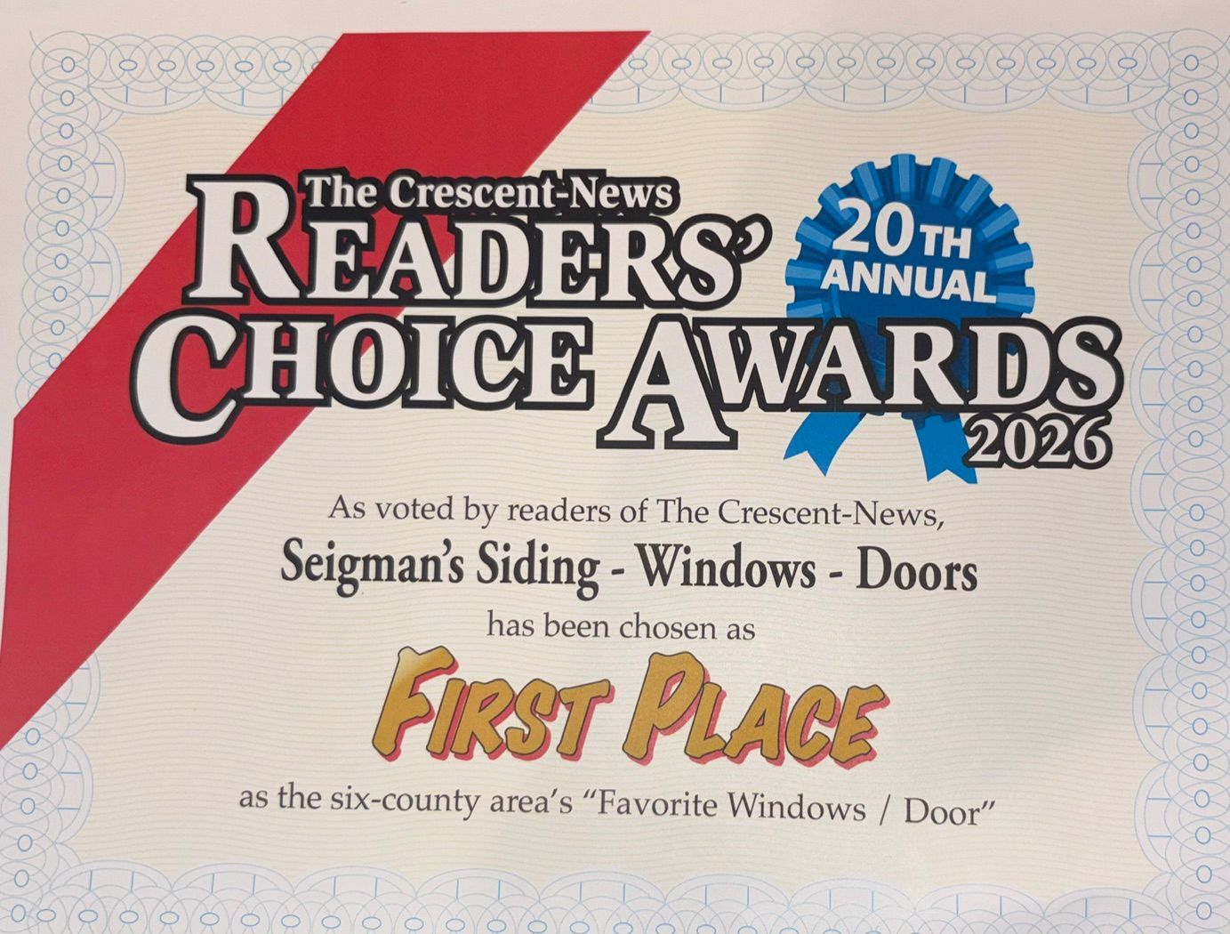 The Crescent-News Readers' Choice Awards 2026 first place badge for Siegman's Siding - Windows - Doors The Crescent-News Readers' Choice Awards 2026 first place badge for Siegman's Siding - Windows - Doors