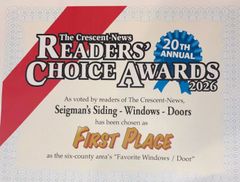 The Crescent-News Readers' Choice Awards 2026 first place badge for Siegman's Siding - Windows - Doors