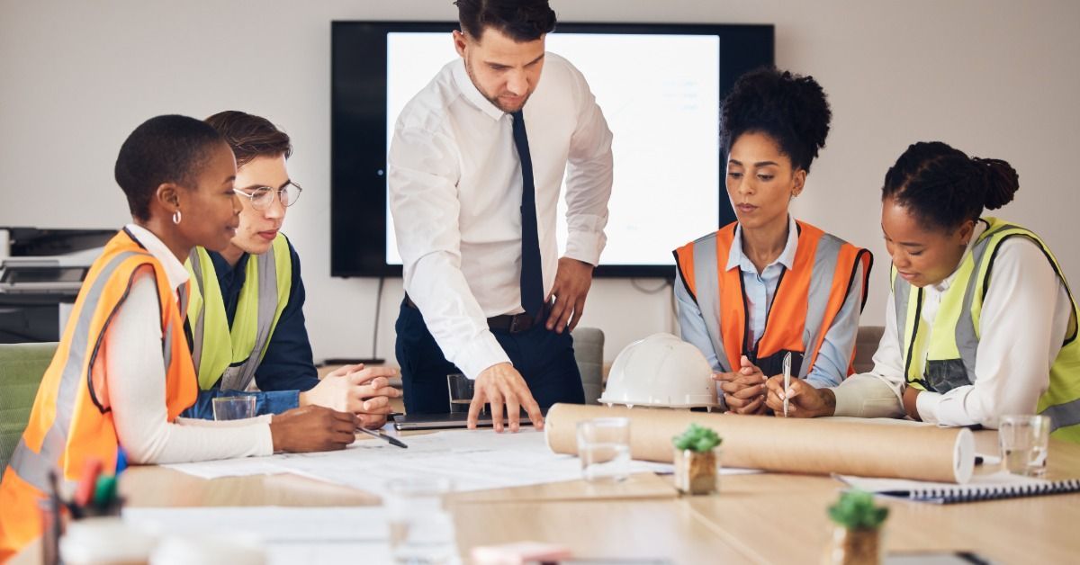 Four people in safety vests and a man in a tie reviewing plans at a table.