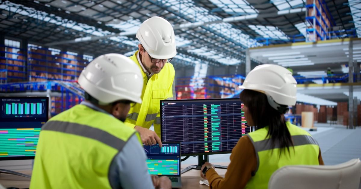A warehouse team wearing hard hats and yellow safety vests reviewing laptops and data monitors at a worktable.