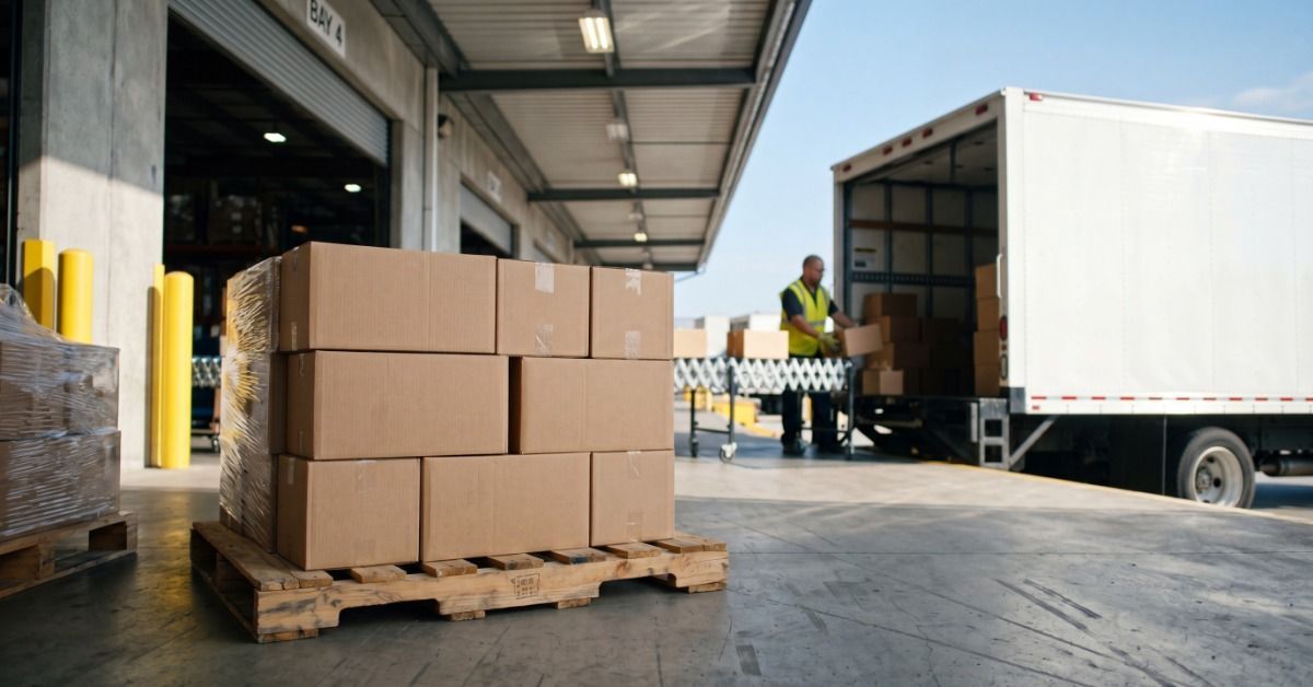 A pallet of cardboard boxes beside a loading dock, with a worker moving boxes into a white delivery