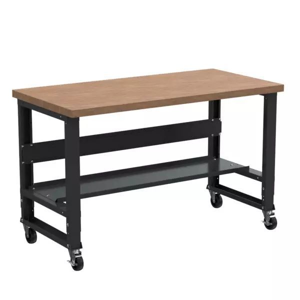 A workbench with wheels and a wooden top