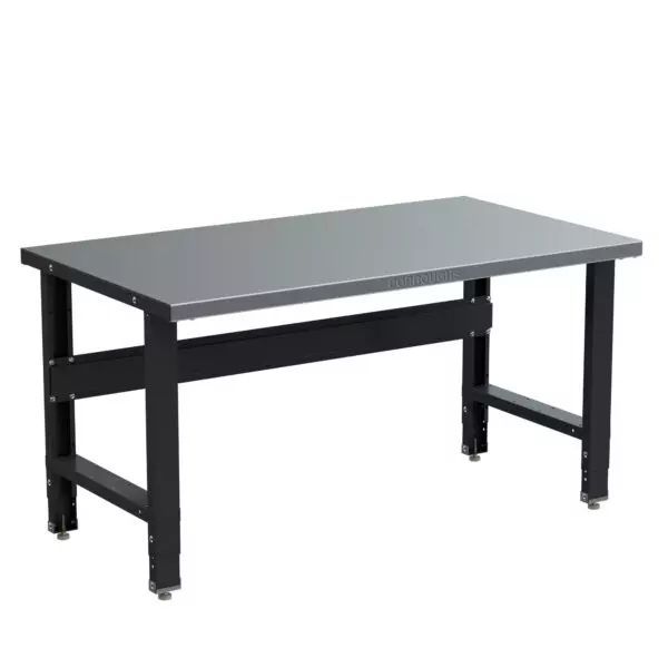 A black workbench with a gray top and black legs on a white background.