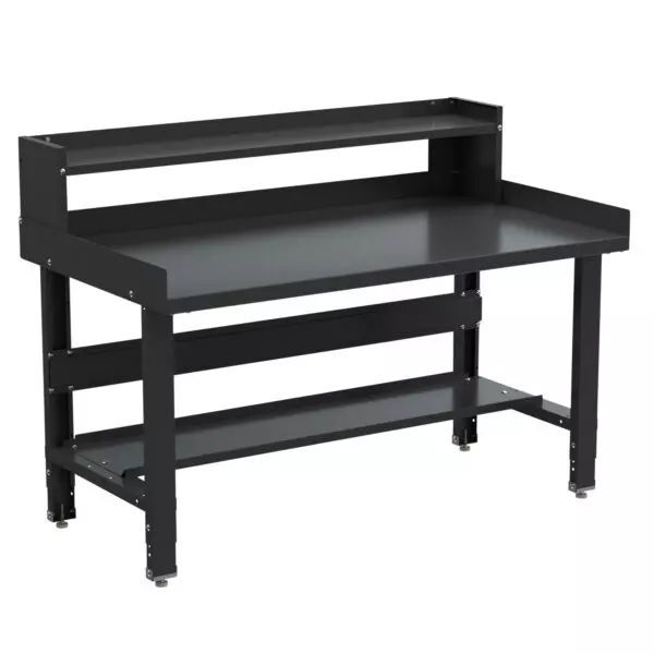 A black workbench with a shelf on top of it.
