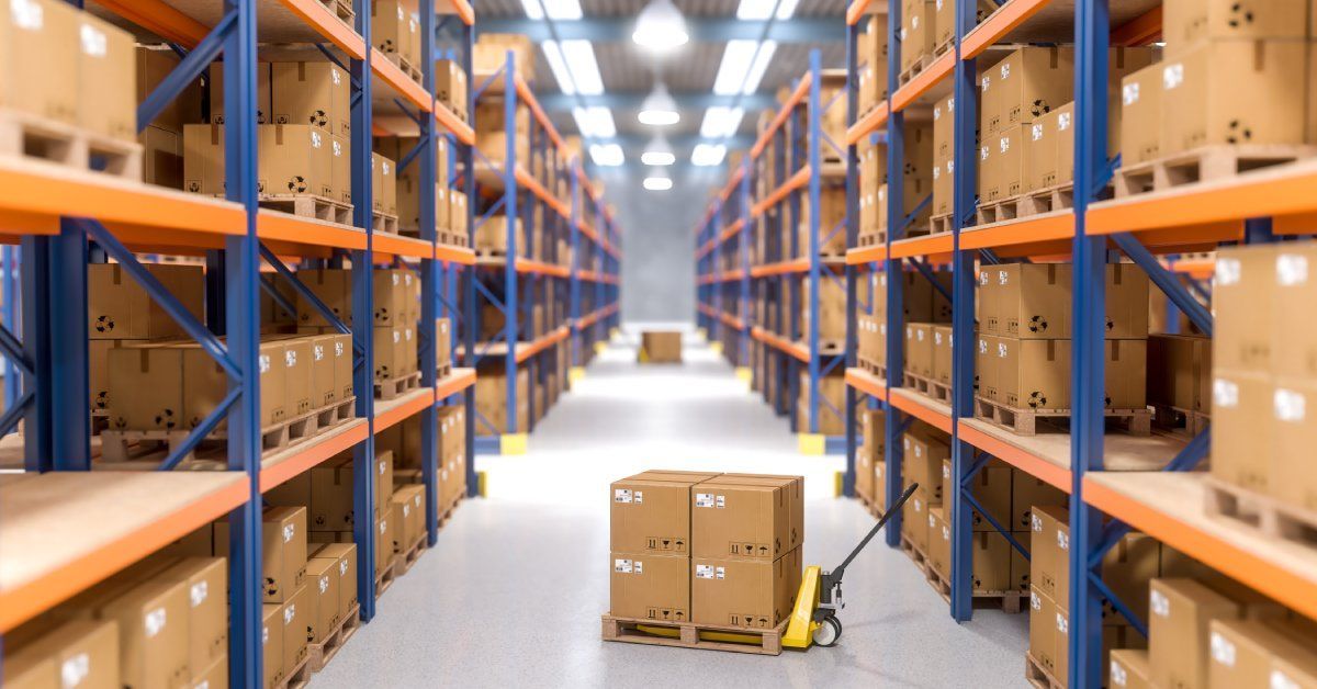 The interior of a warehouse has many rows of shelves containing boxes sitting on top of pallet racks.