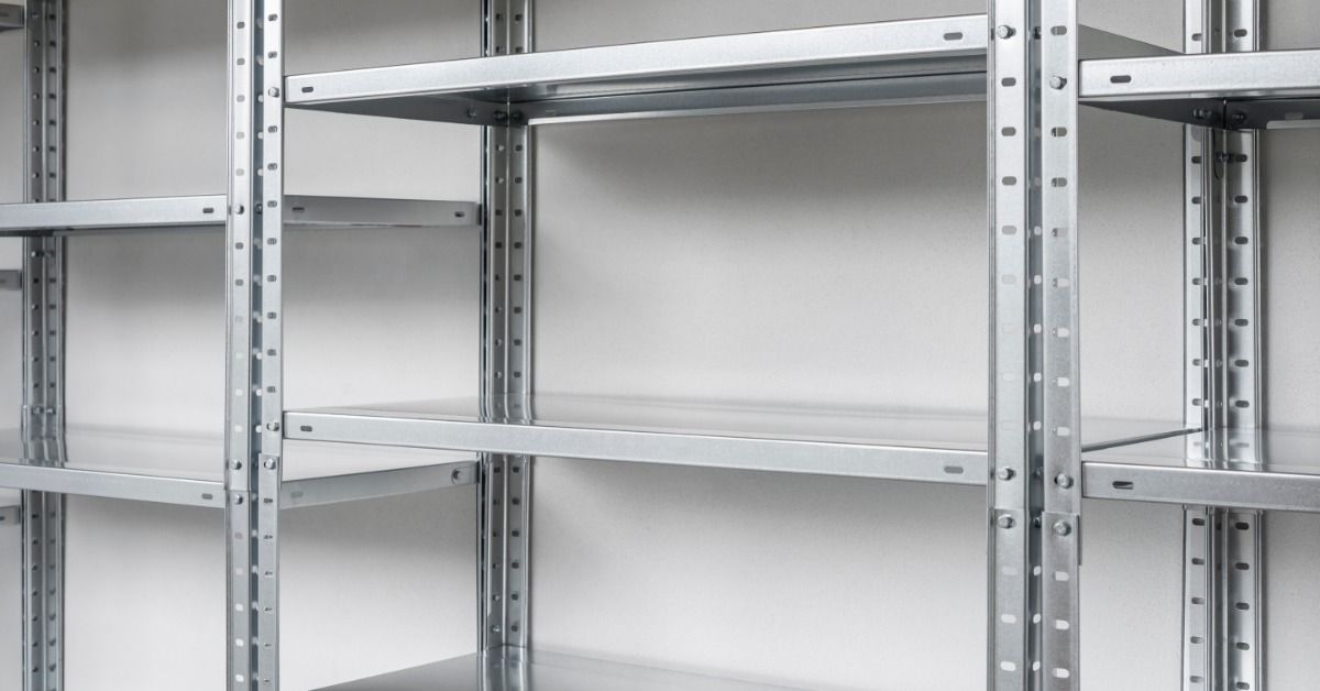 A row of gray metal shelving units with adjustable shelves standing empty against a plain white wall