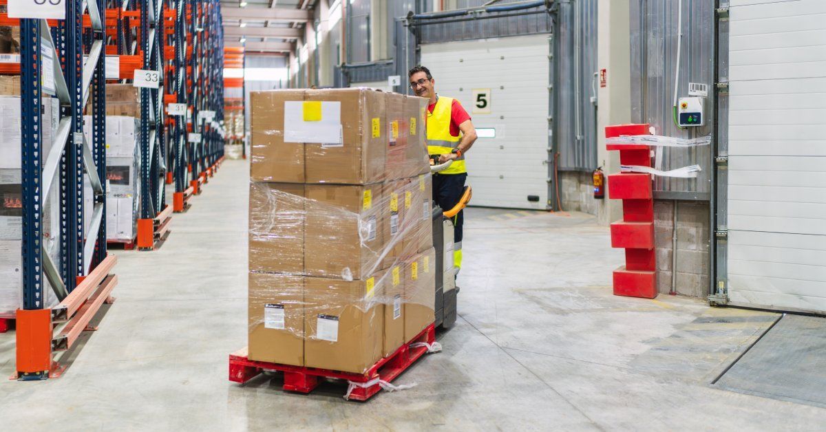 A warehouse worker operating a pallet jack to transport a pallet of boxes from the delivery doors to the storage racks.