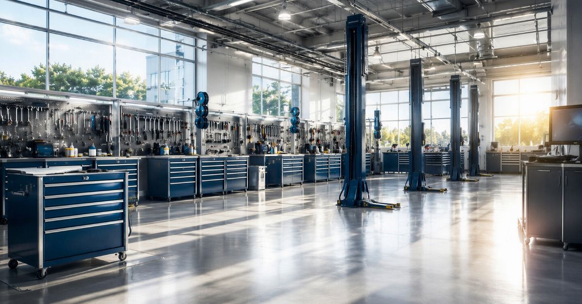 A clean auto service workshop with hydraulic vehicle lifts, tool cabinets, and polished floors.