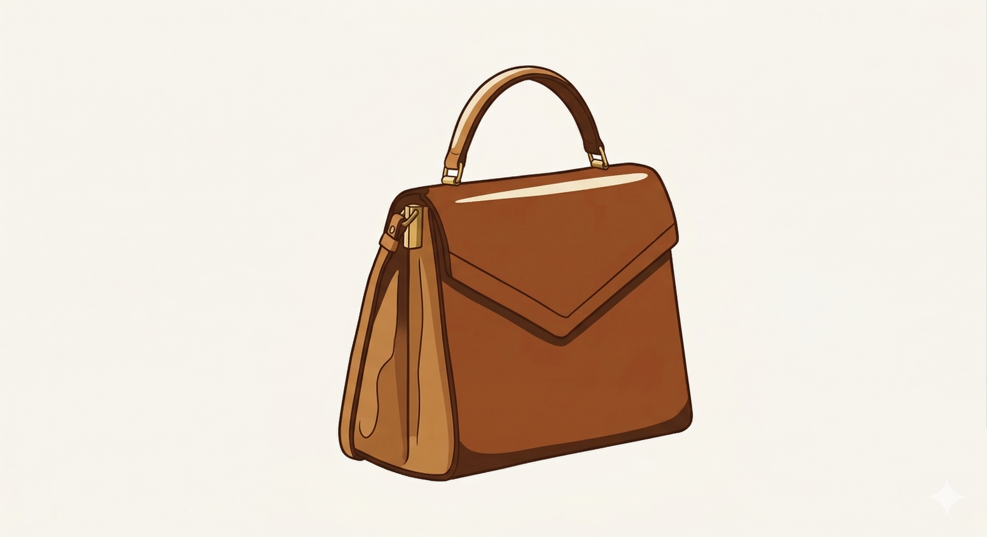 An illustrated, brown structured handbag with a top handle and a pointed flap closure against a plain light background.