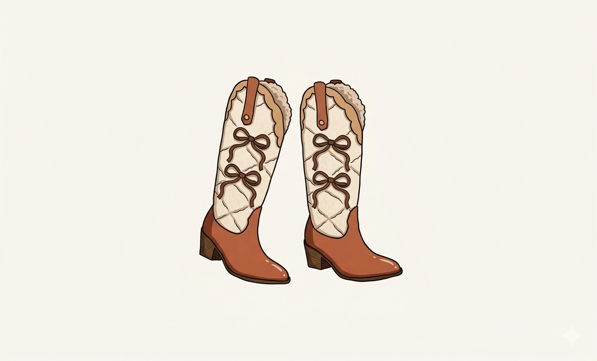 A pair of knee-high, brown leather boots with cream-colored quilted fabric shafts, featuring lace-up details and fur trim.