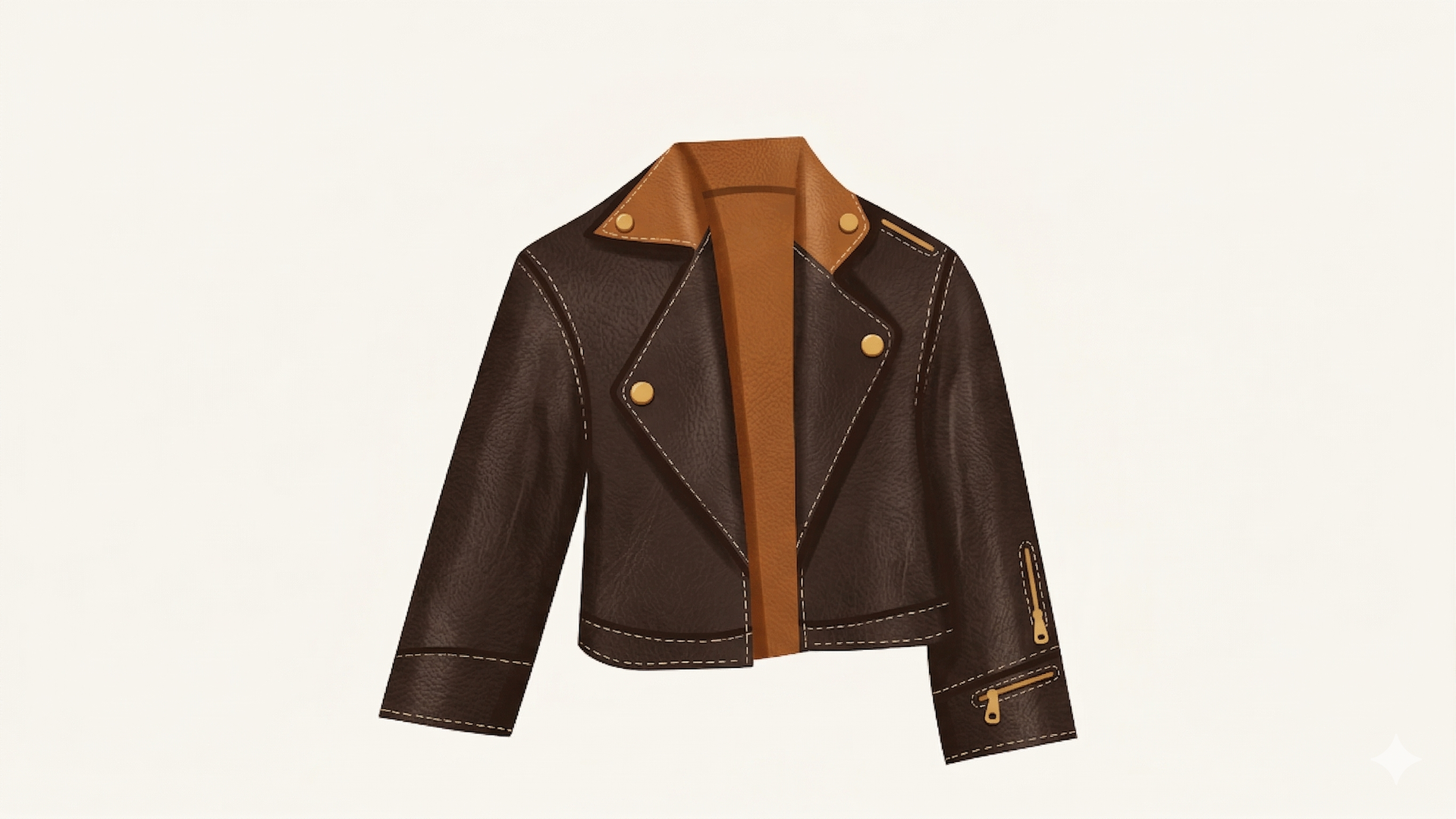 A cropped dark brown leather motorcycle jacket with a tan collar and gold zipper details against a plain white background.