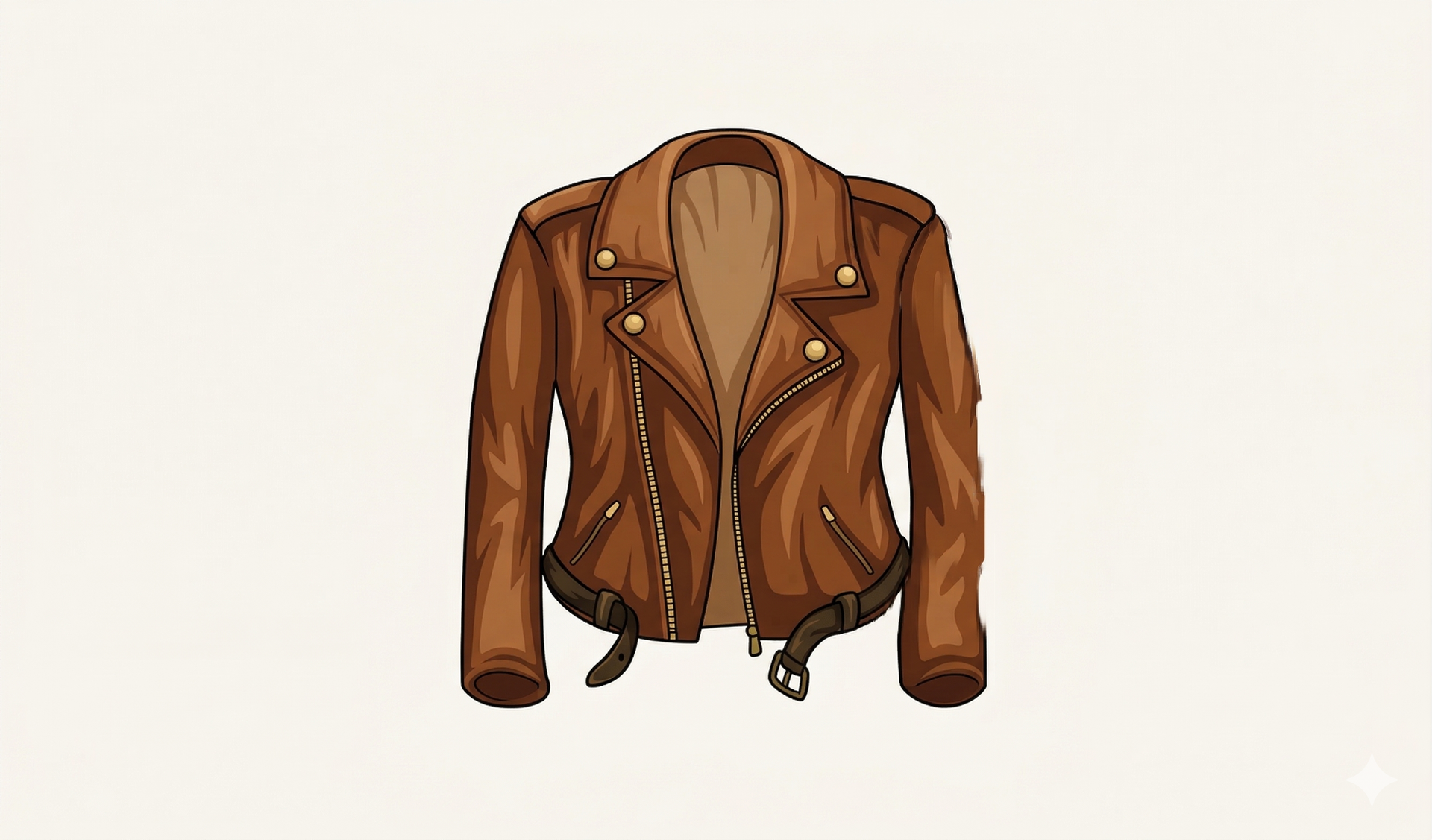 Brown leather motorcycle jacket with gold hardware and belt.
