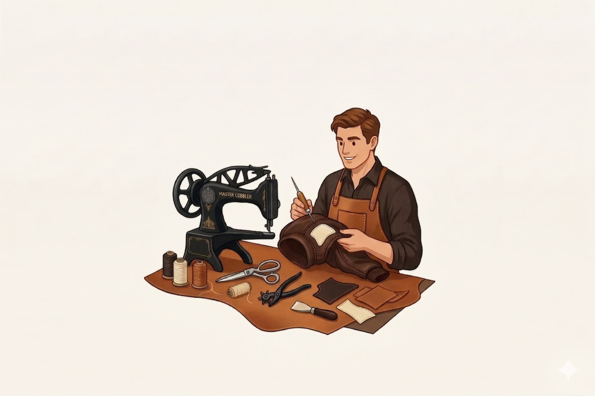 An artisan in an apron works with leather at a desk with a sewing machine, spools of thread, and metal tools.