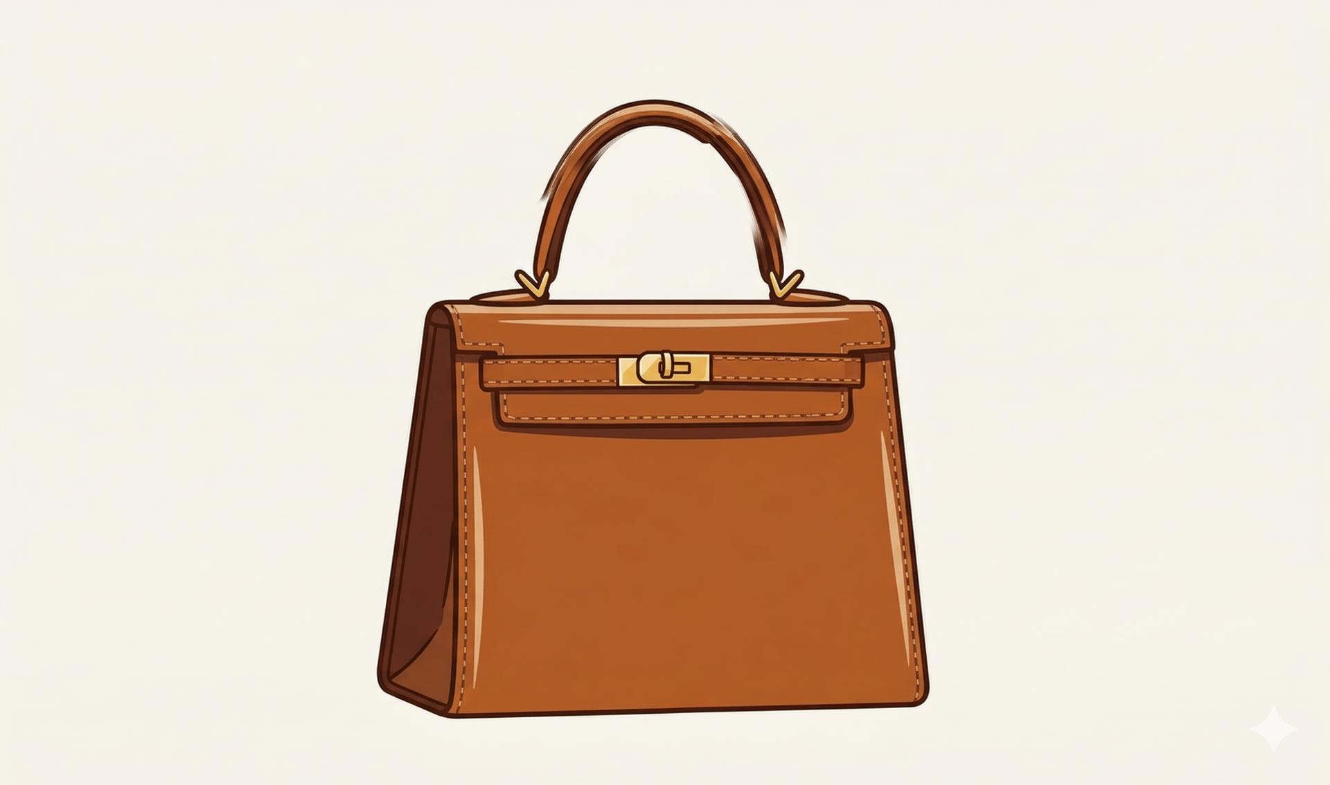 A brown leather handbag with a top handle and gold hardware, drawn in a clean, minimalist style.