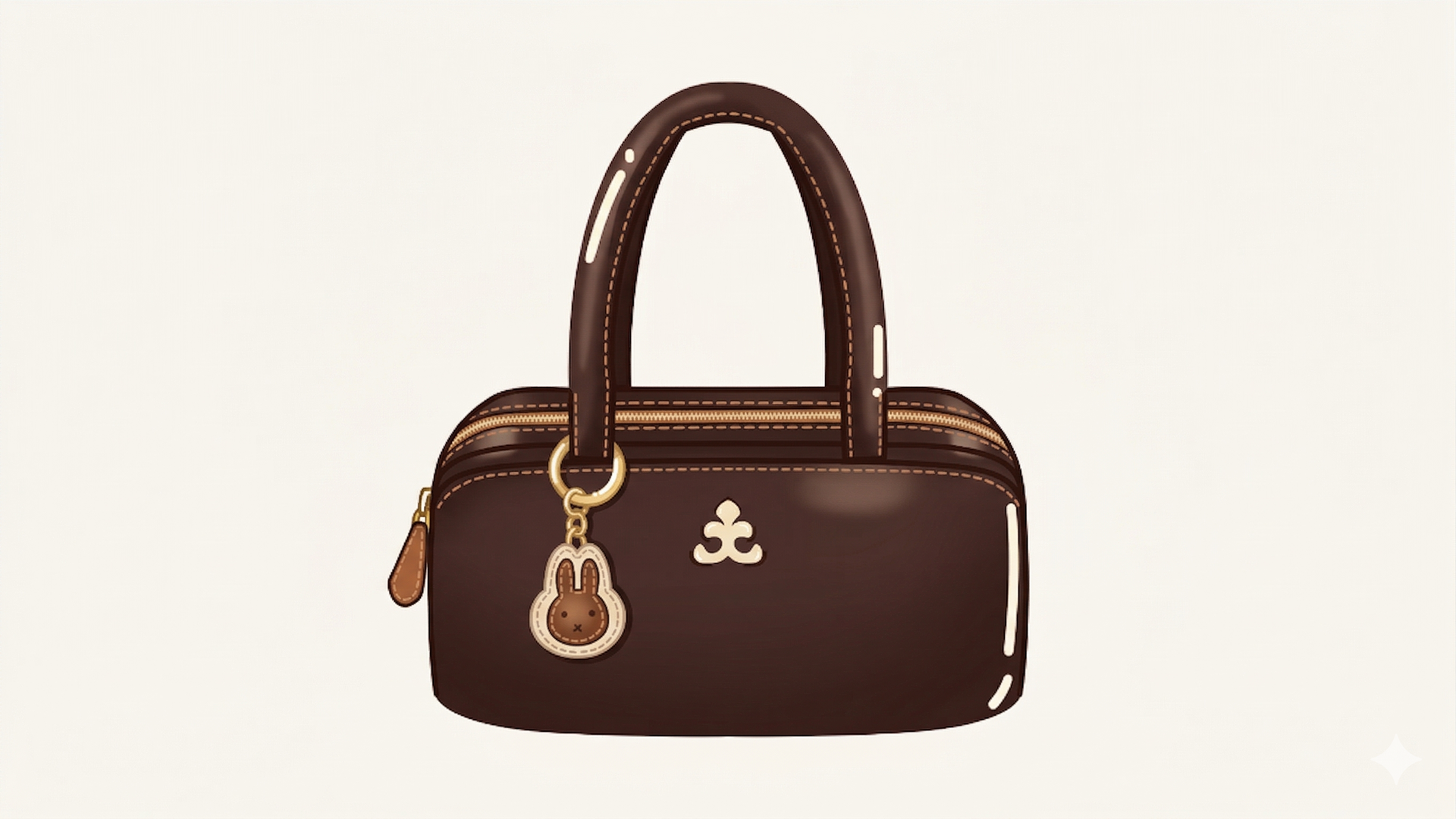 A dark brown, structured handbag with gold zipper hardware, a gold logo, and a small, hanging bunny-shaped charm.