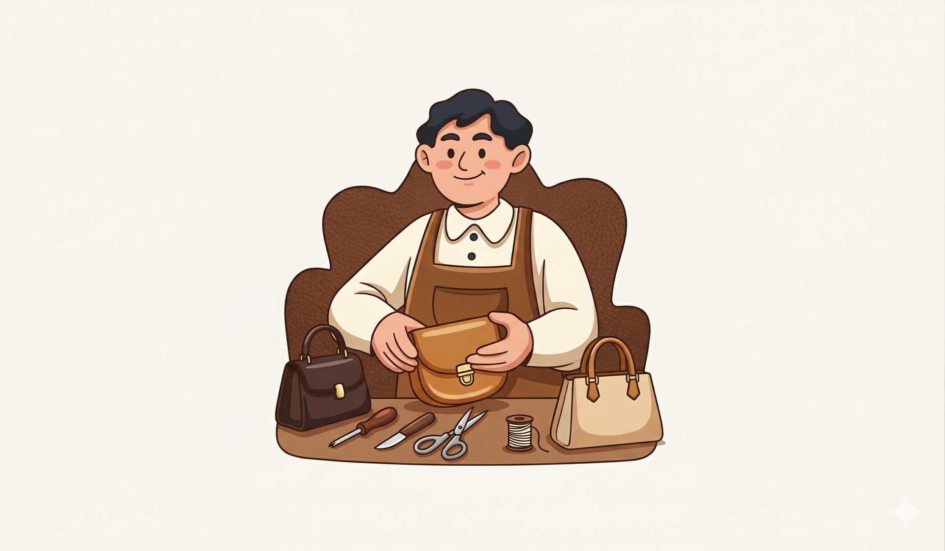 A person in a brown apron works on a leather handbag at a table with tools and other bags in a cozy, illustrated style.