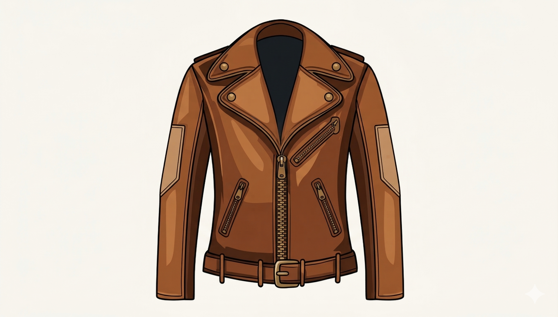 A brown leather motorcycle jacket with a zippered front, notched lapels, and a buckled belt at the waist.