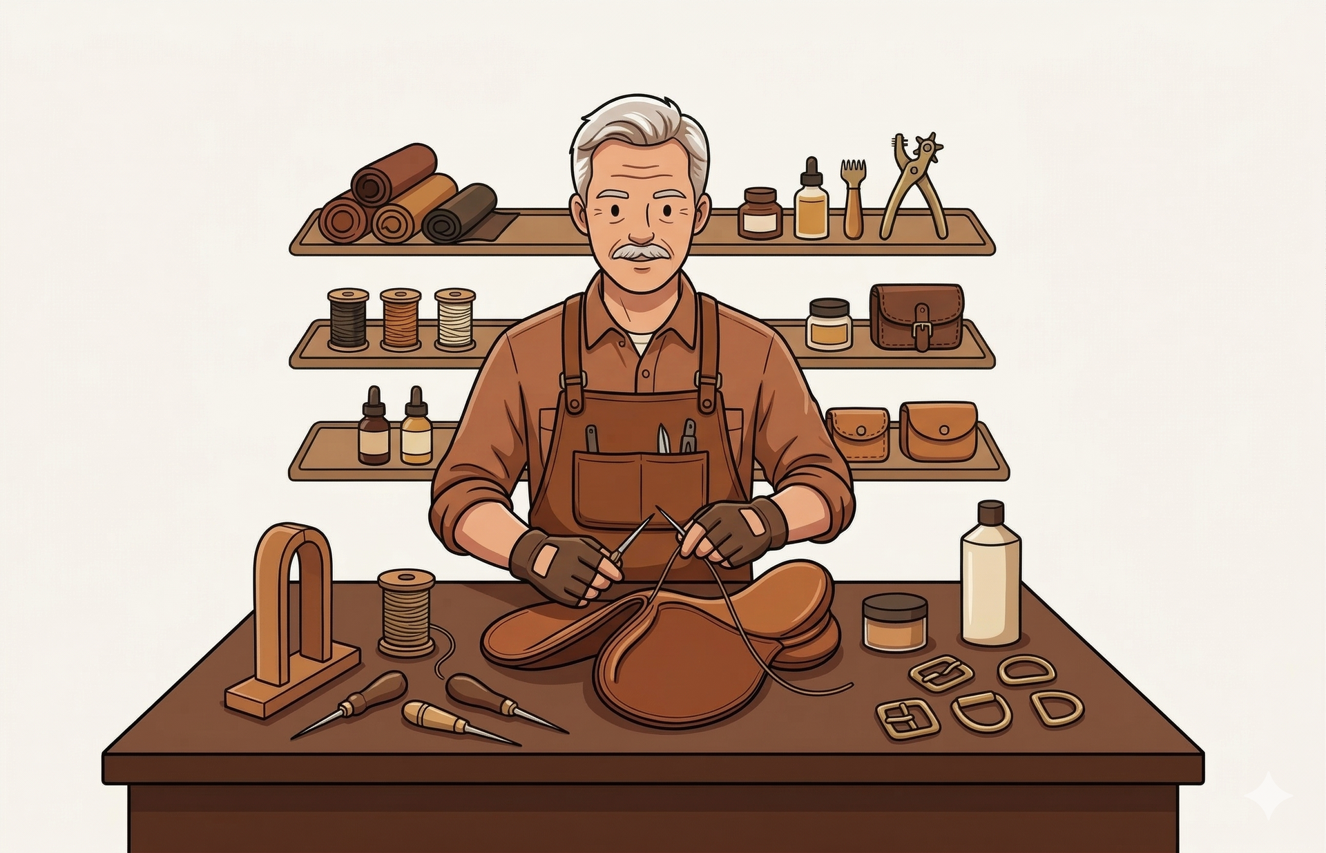 A person crafting leather items at a wooden workbench with shelves of tools and materials in the background.