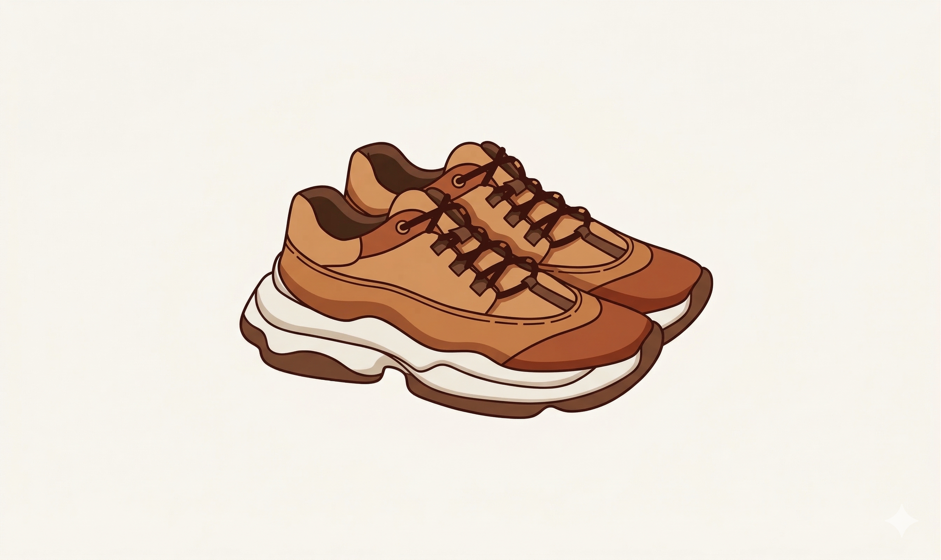A pair of brown, chunky athletic sneakers with thick white soles on a cream background.