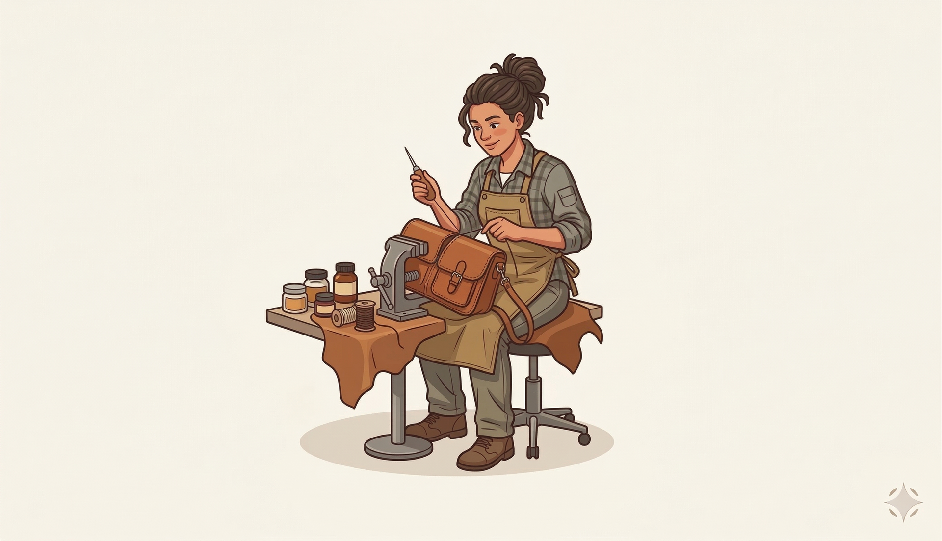 A person wearing an apron sits at a table, carefully sewing a brown leather bag with a needle and thread.