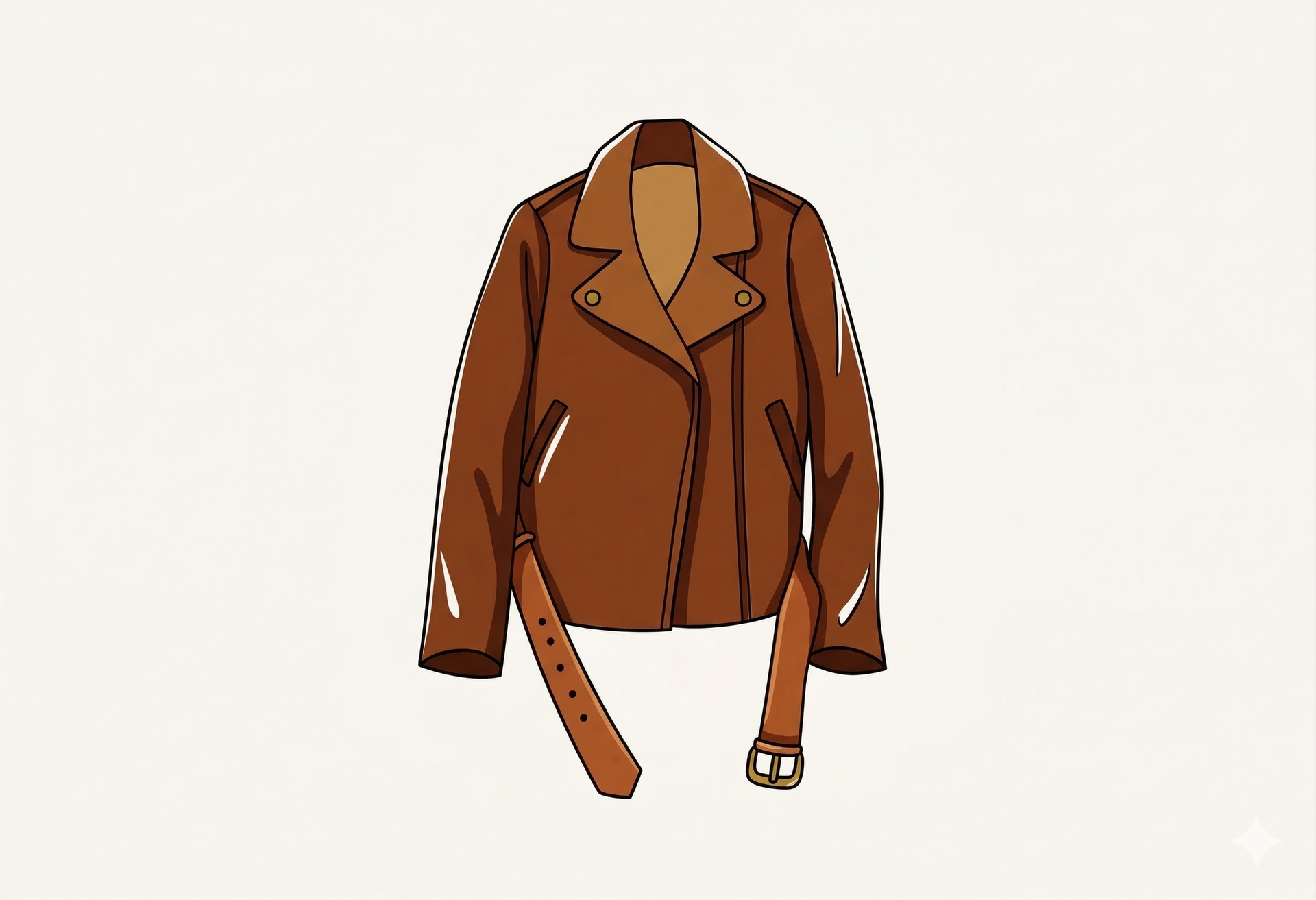A brown leather motorcycle jacket with a wide collar, zipper details, and an attached waist belt, set on a plain background.