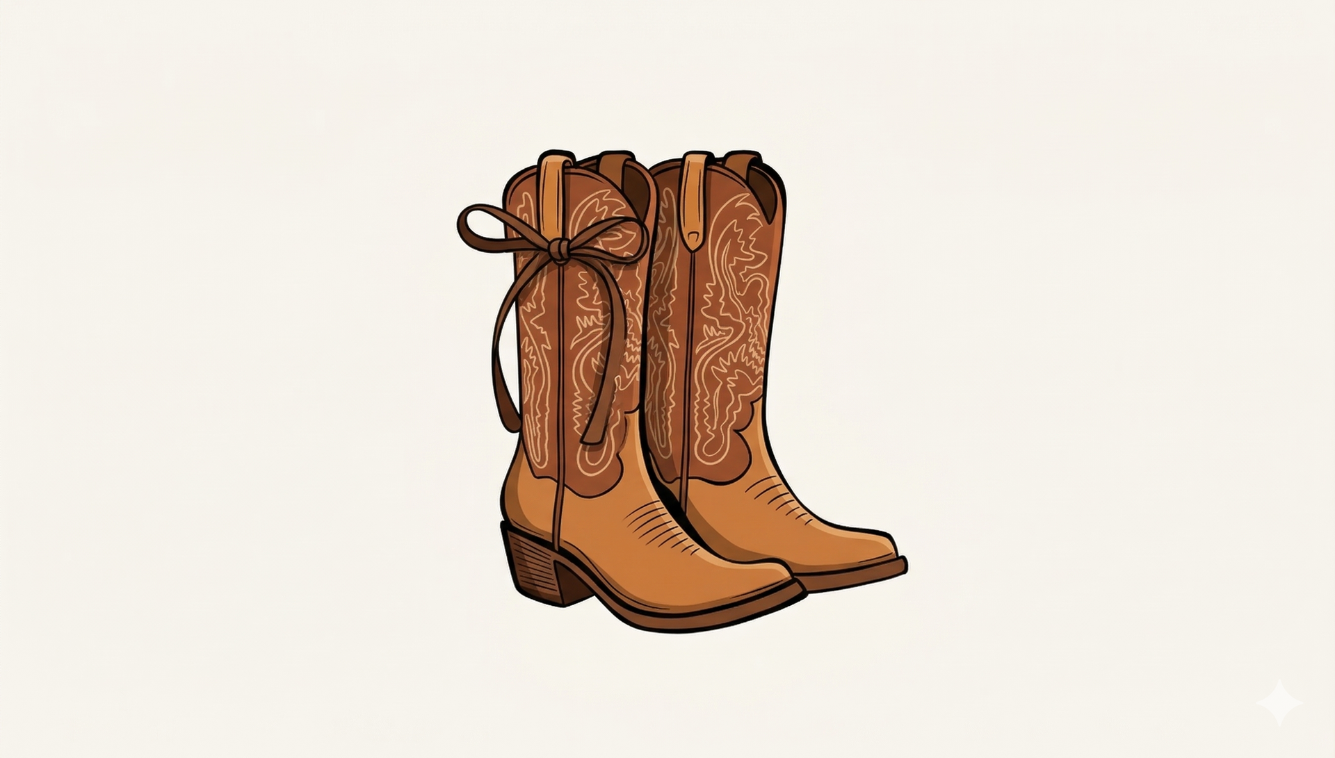 A pair of tan, leather cowboy boots with decorative stitching and a decorative bow on the side.