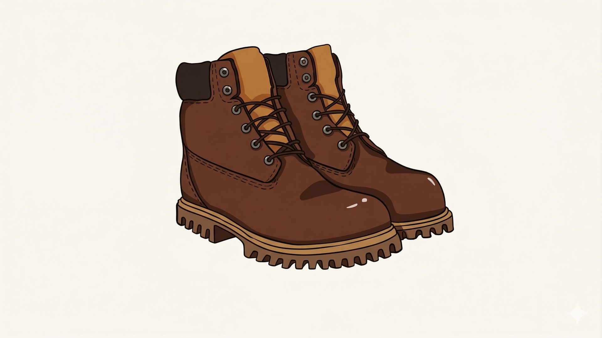 A pair of brown, lace-up leather work boots with dark collars and chunky rubber soles, isolated on a light background.