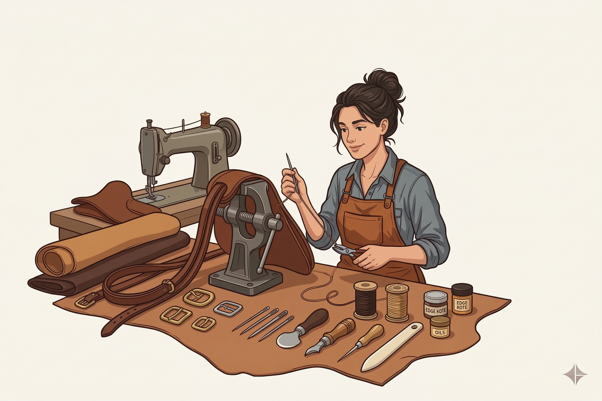 A person in an apron hand-stitching leather at a workbench with sewing tools, spools, and a sewing machine.