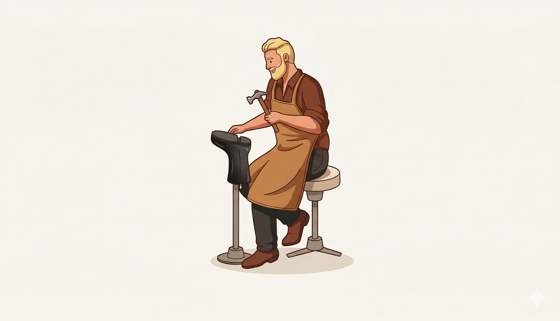 A person in a brown apron sits on a stool, hammering a black boot on a metal stand against a plain background.