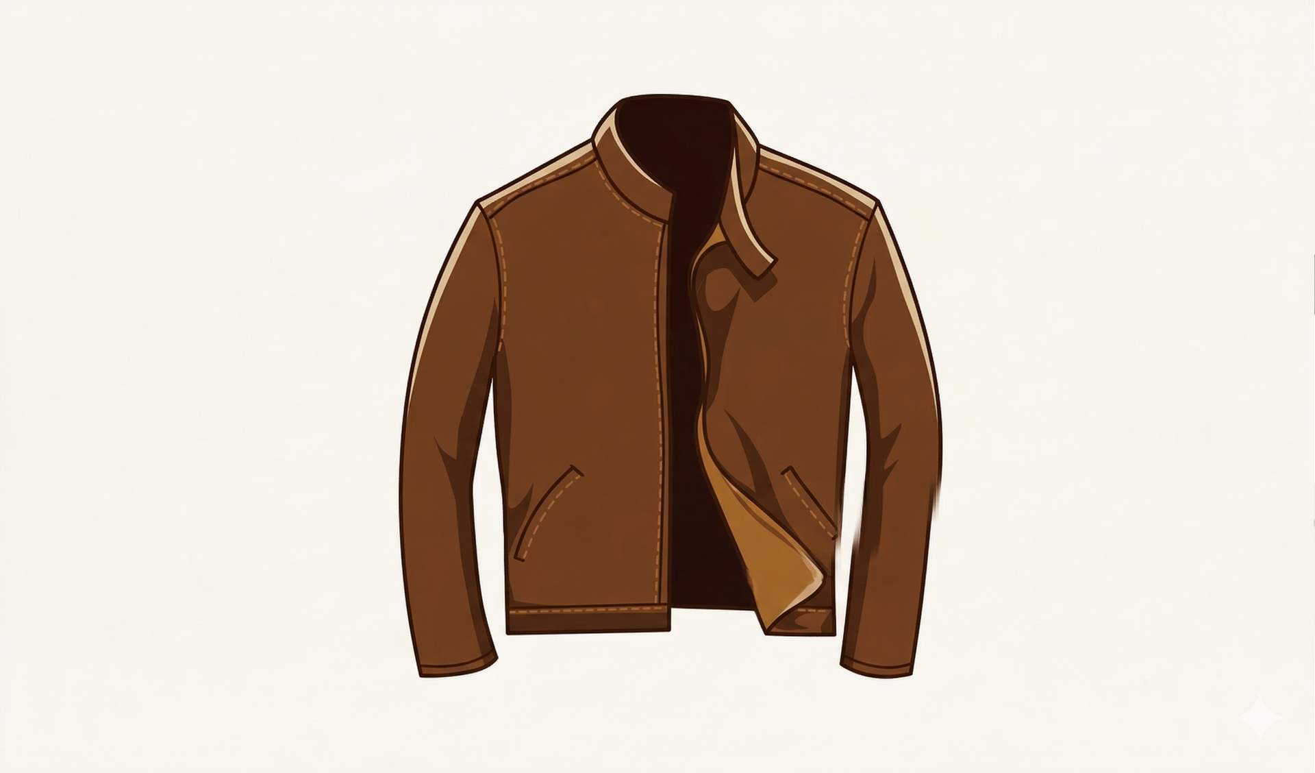 A brown leather jacket with a stand-up collar, depicted as an illustration on a plain light background.