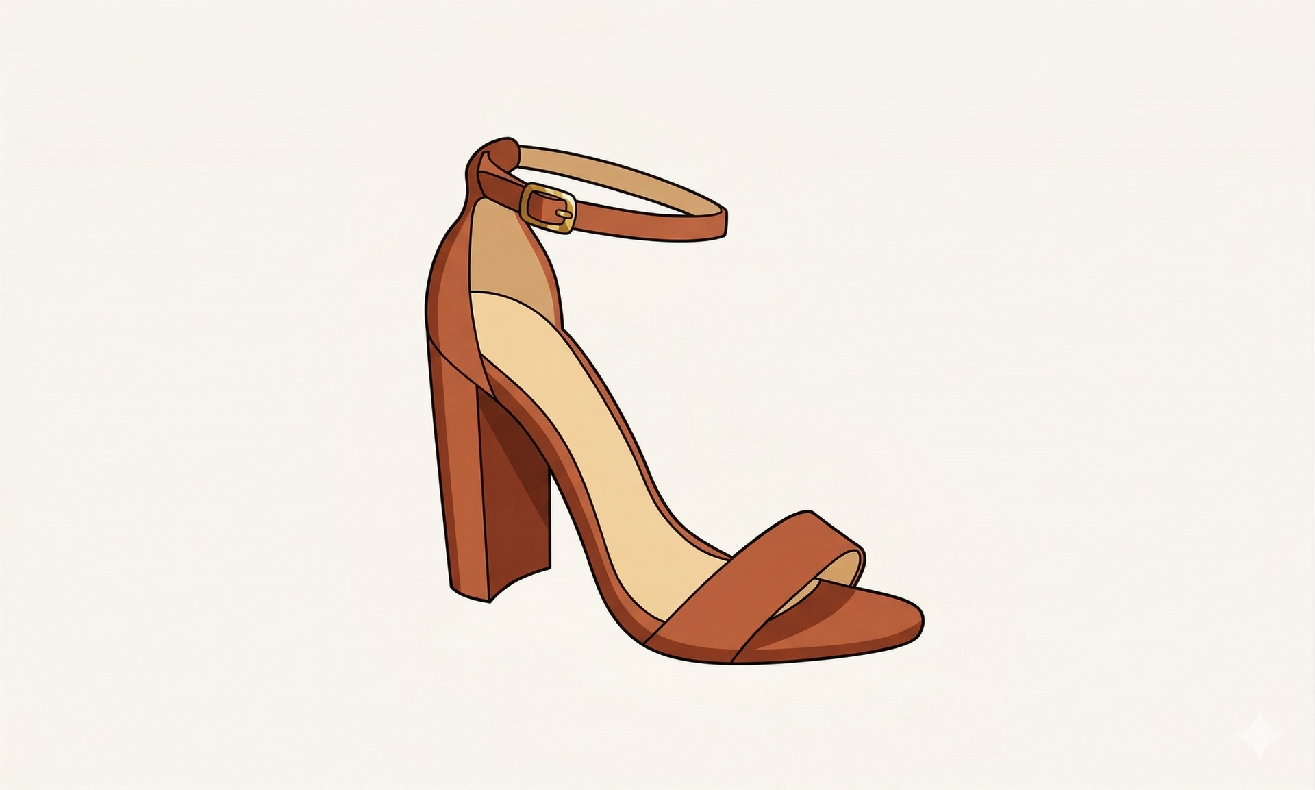A brown, open-toe block heel sandal with an ankle strap against a light background.