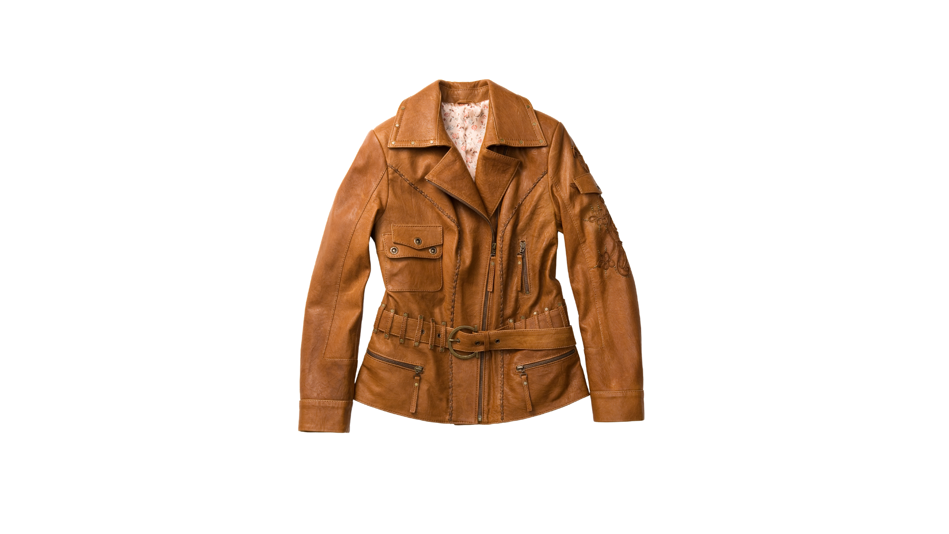 Tan leather belted jacket with a wide collar, zippered pockets, and long sleeves against a white background.