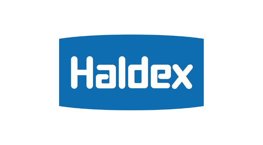 Logo Haldex: testo bianco su rettangolo arrotondato blu.