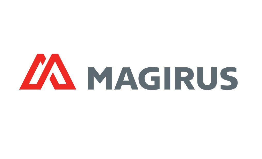 Logo Magirus rosso e grigio con la lettera M stilizzata.