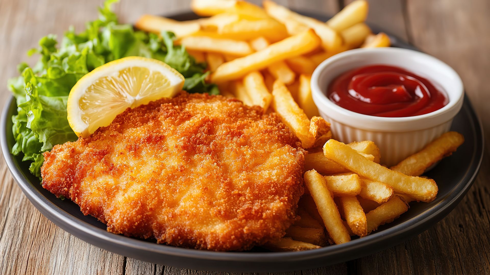Paniertes Fischkotelett mit Pommes, Ketchup, Salat und Zitronenscheibe auf einem grauen Teller.