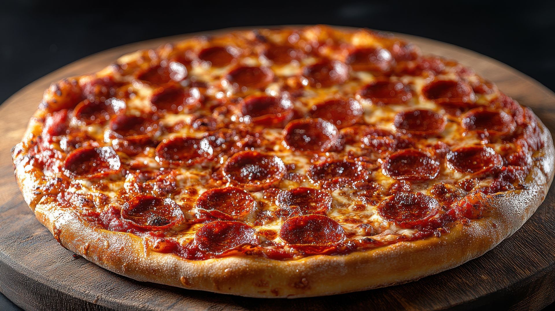 Peperoni-Pizza auf einem Holzbrett.