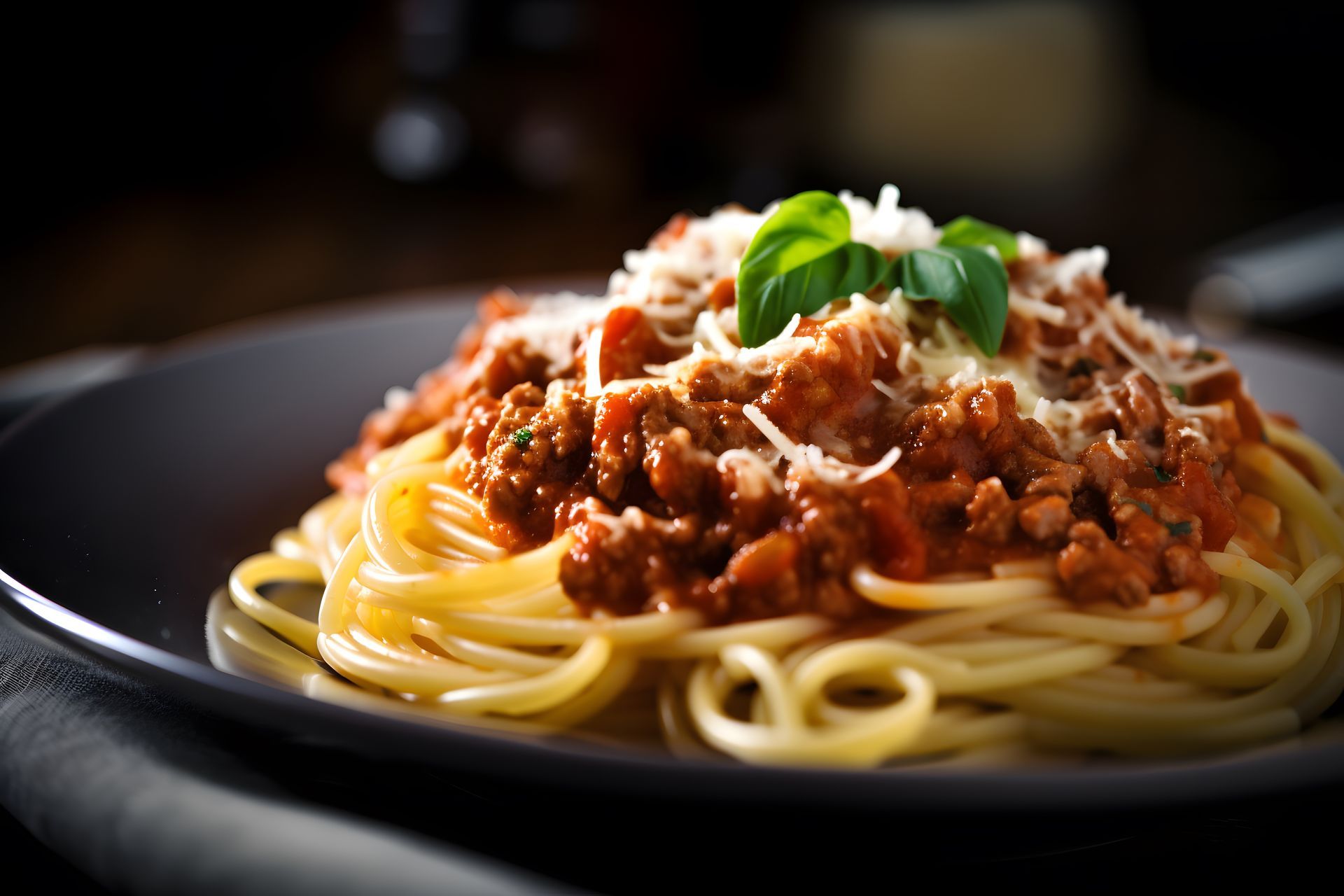 Spaghetti Bolognese in einer grauen Schüssel, mit Käse und Basilikum belegt, auf einem dunklen Tisch.