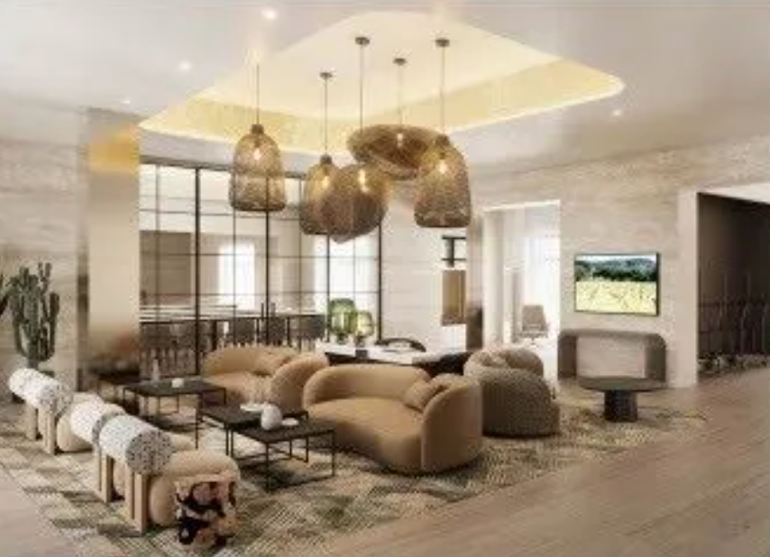 An artist 's impression of a living room with a couch , chairs , tables and a television.