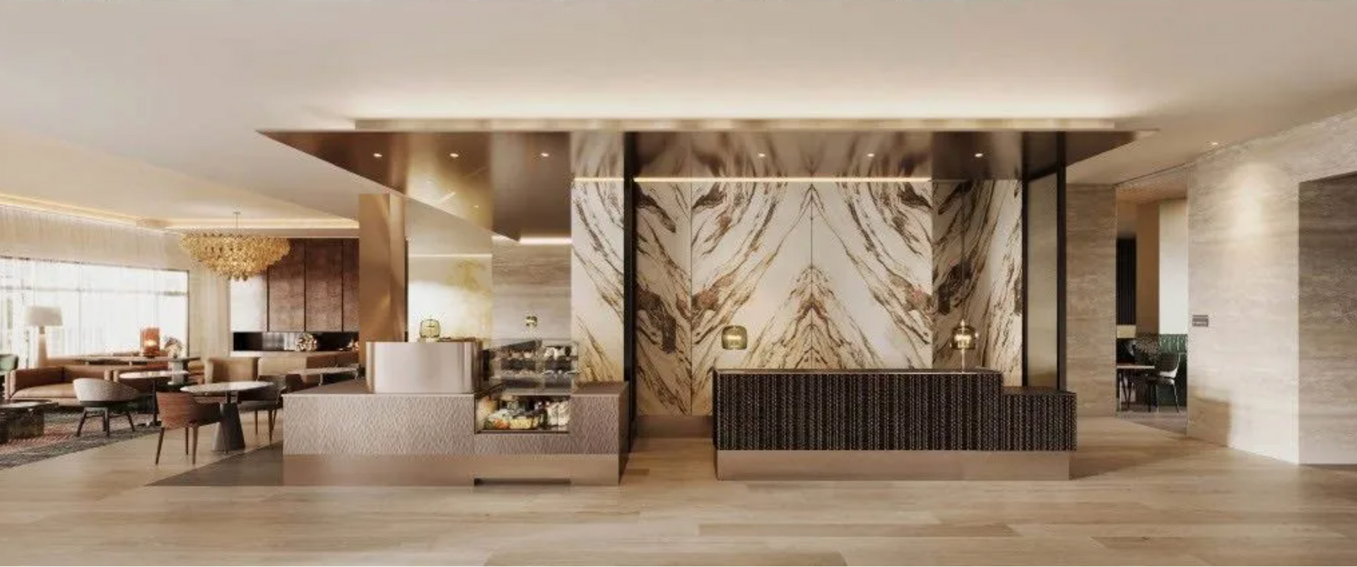 An artist 's impression of the lobby of a hotel.