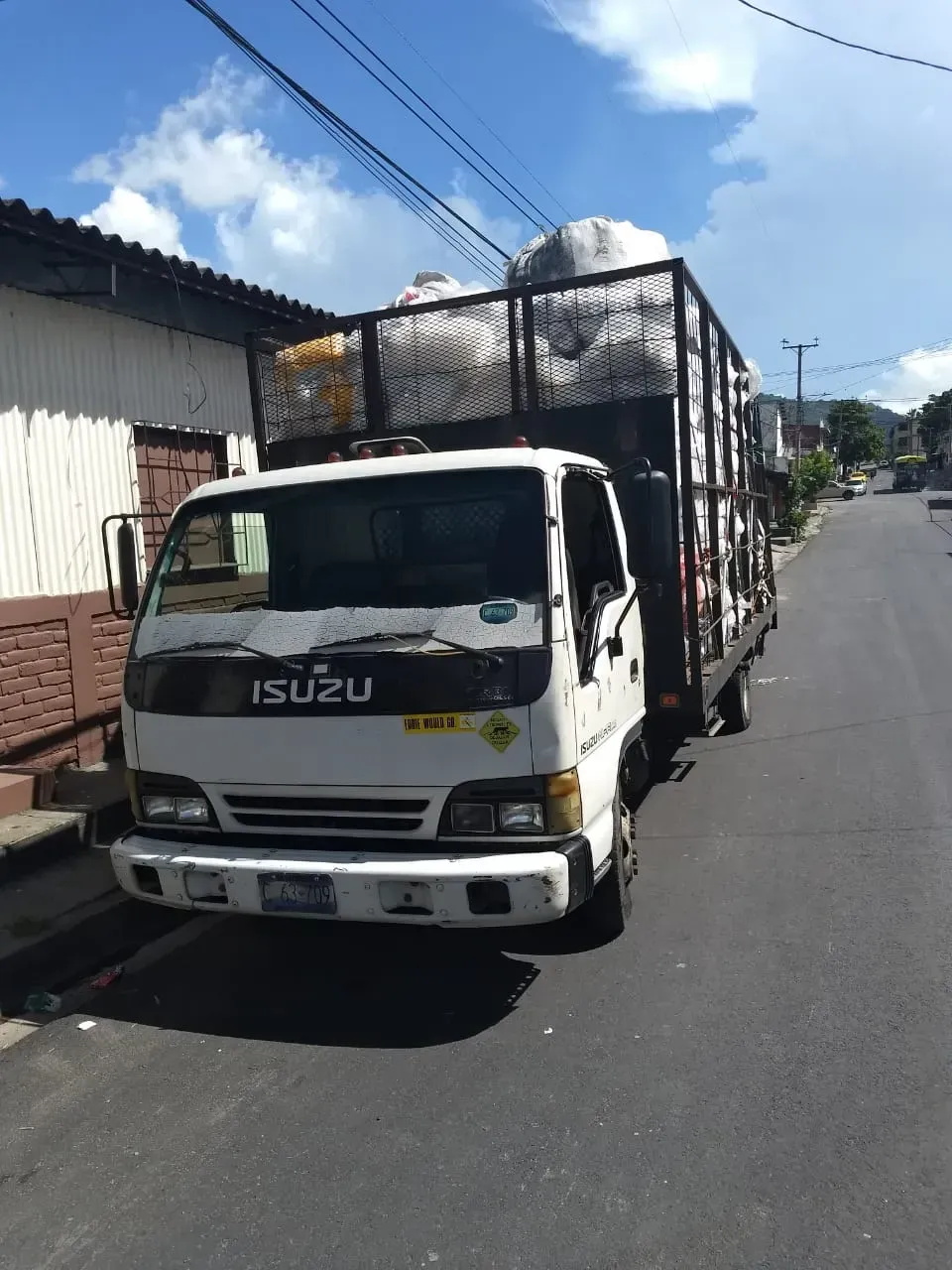 Camión Isuzu blanco con carga bajo una jaula metálica, estacionado en una calle soleada junto a unos edificios.