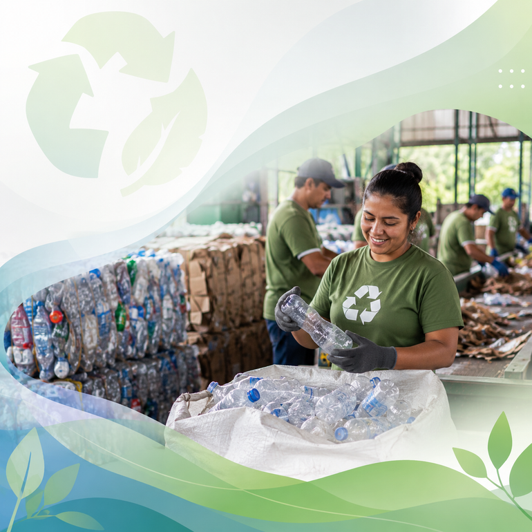 Trabajadores clasificando botellas de plástico para su reciclaje en una planta, con fardos de materiales reciclables