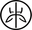 Black circular symbol with a stylized plant or character-like design in the center.