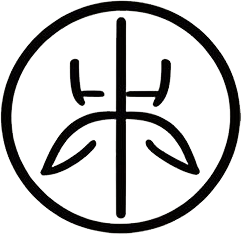 Black circular symbol with a stylized plant or character-like design in the center.