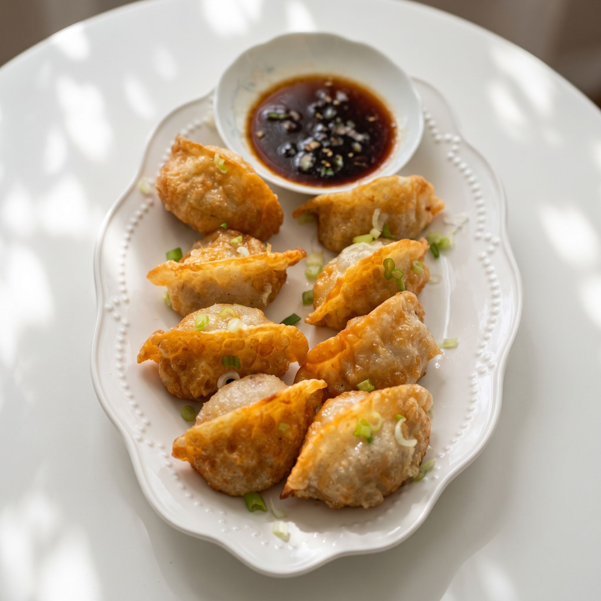 Fried dumplings on a white plate with a small bowl of dark dipping sauce