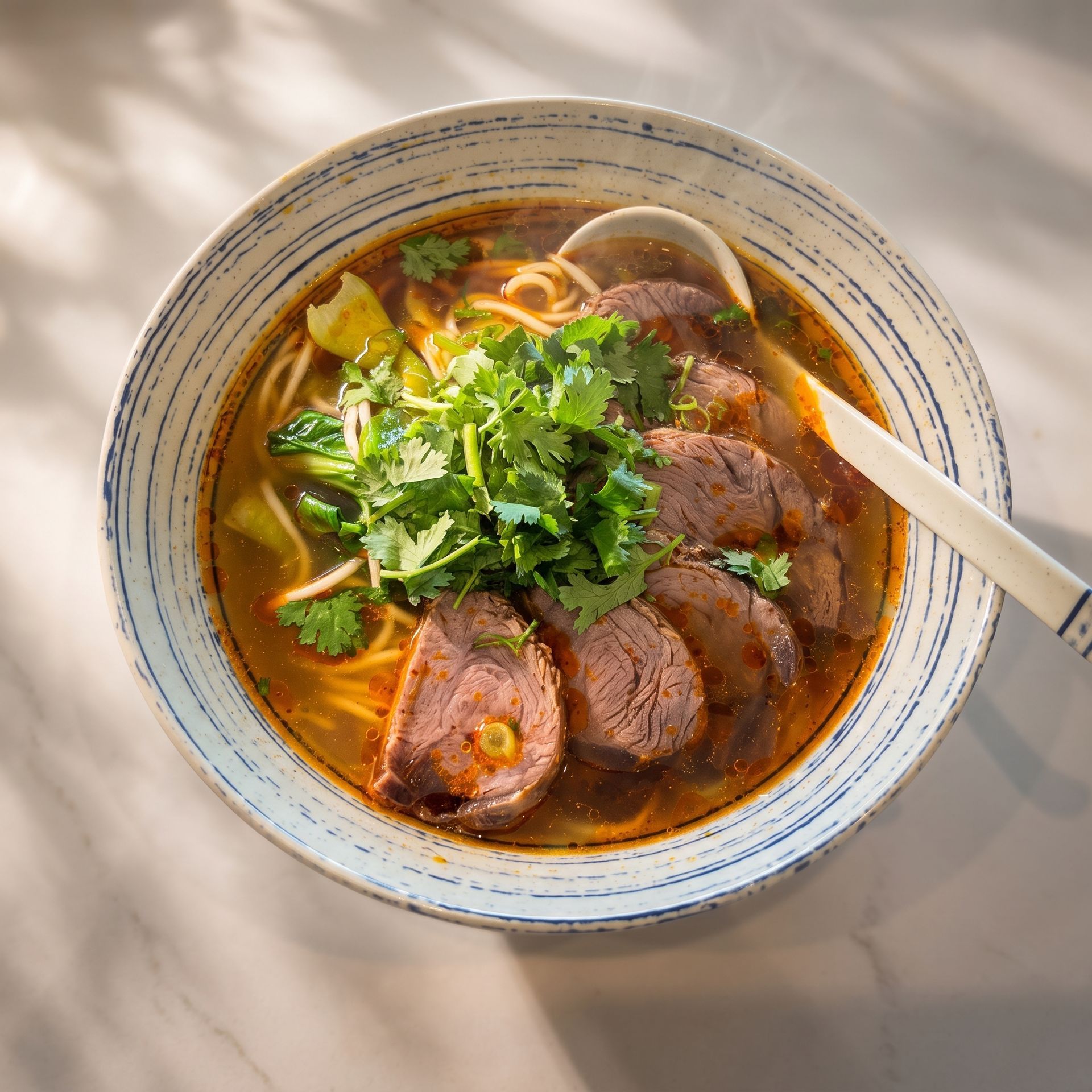 Bowl of noodle soup with sliced beef, herbs, and red broth on a sunlit table