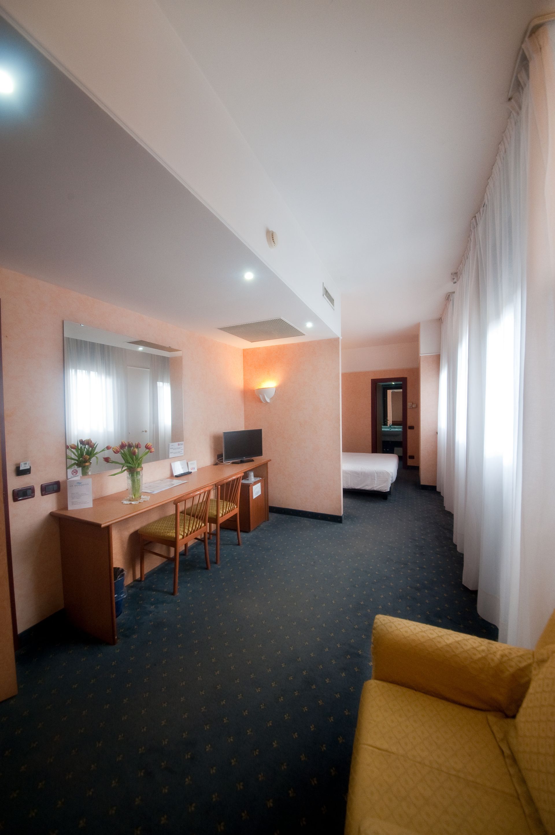 Camera d'albergo con scrivania, letto e divano giallo. Moquette scura, tende bianche e televisione.