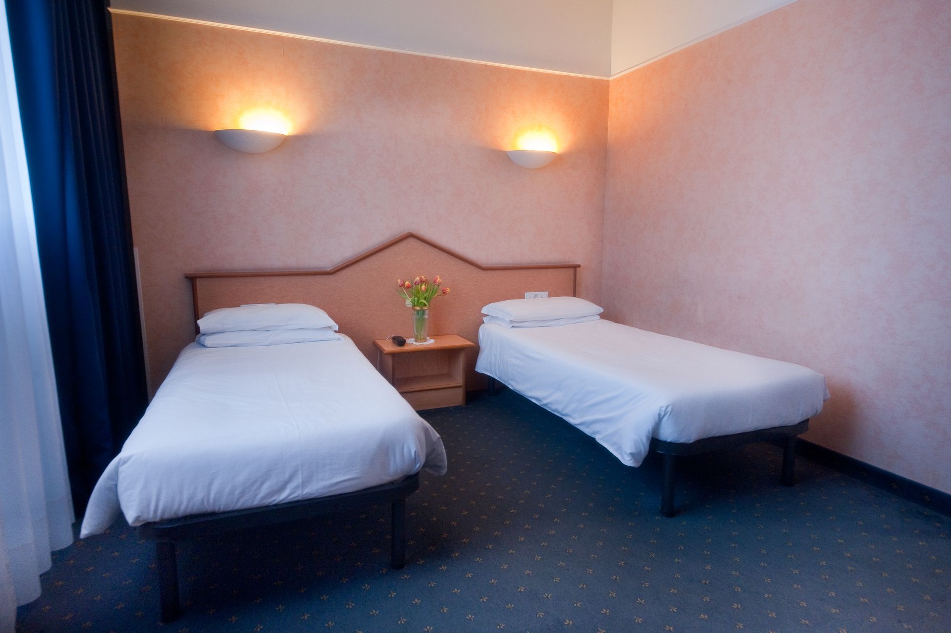 Due letti singoli in una camera d'albergo, con comodino e applique. Moquette blu, pareti rosa.