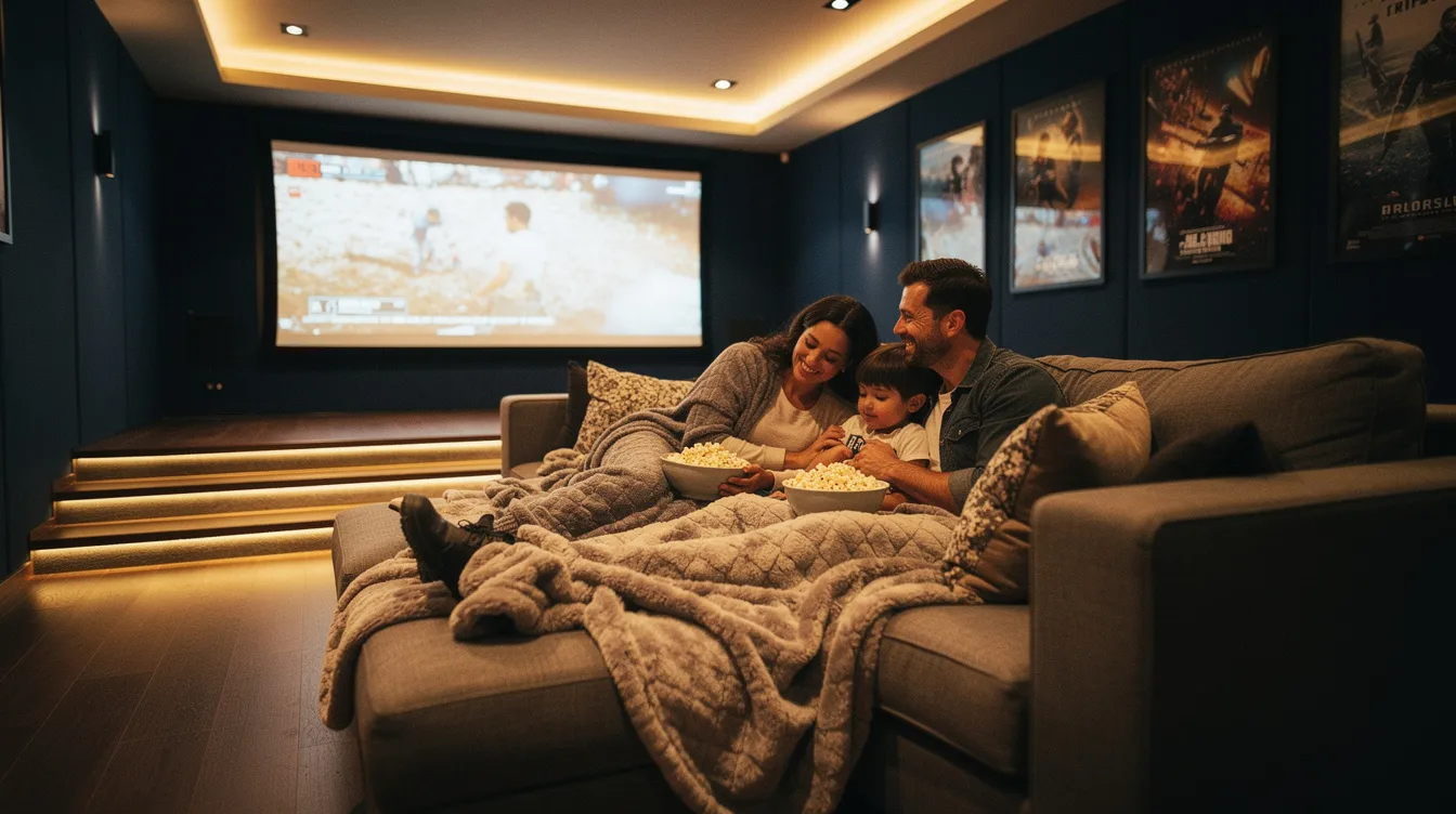 A family is gathered in a warmly lit dedicated home theater, enjoying a movie on a large screen while snacking on popcorn and wrapped in cozy blankets. The room features comfortable seating and a surround sound system, creating an immersive experience reminiscent of a movie theater.