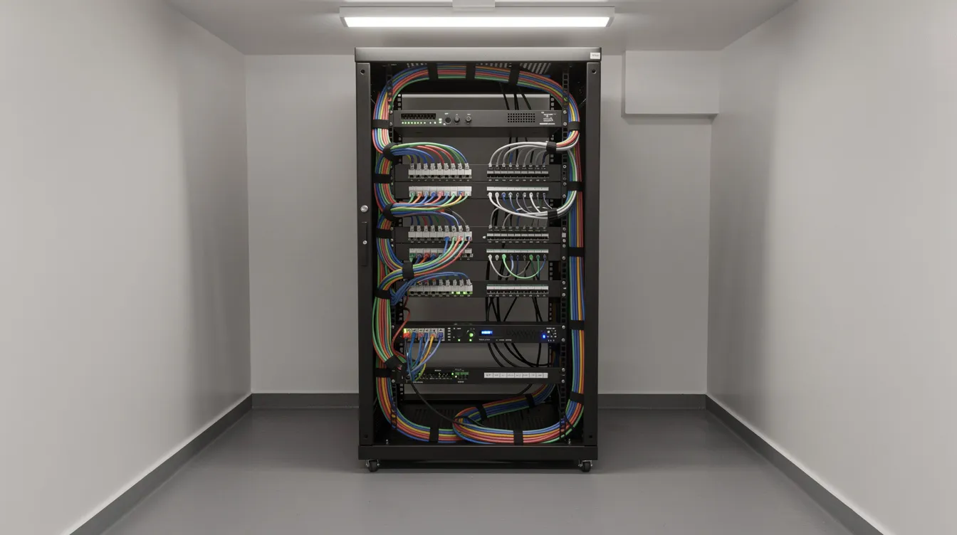 Open server rack in a white data center room, showing cables and equipment inside.