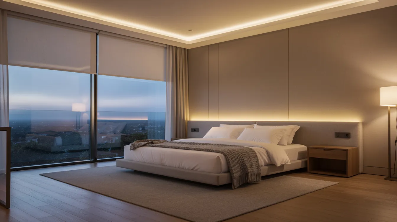 The image depicts a modern bedroom featuring automated window shades that are partially lowered, allowing for soft, warm ambient lighting to fill the space. This room showcases smart home technology, emphasizing a cozy atmosphere enhanced by smart features and energy savings.